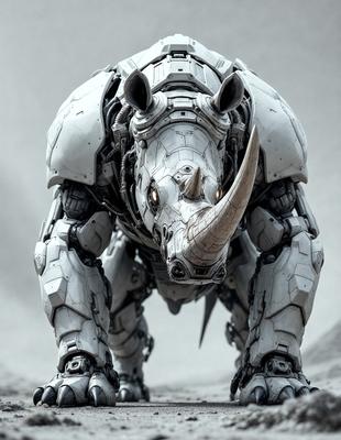The primary subject of the image is a white robotic rhinoceros, which is the main object, scene, or focus of the image. The robotic rhinoceros is standing on a gray surface, which serves as the setting or background. The visual style of the image is digital art, as it is a computer-generated or digitally created image. The dominant colors in the image are white and gray, giving it a futuristic and technological appearance.